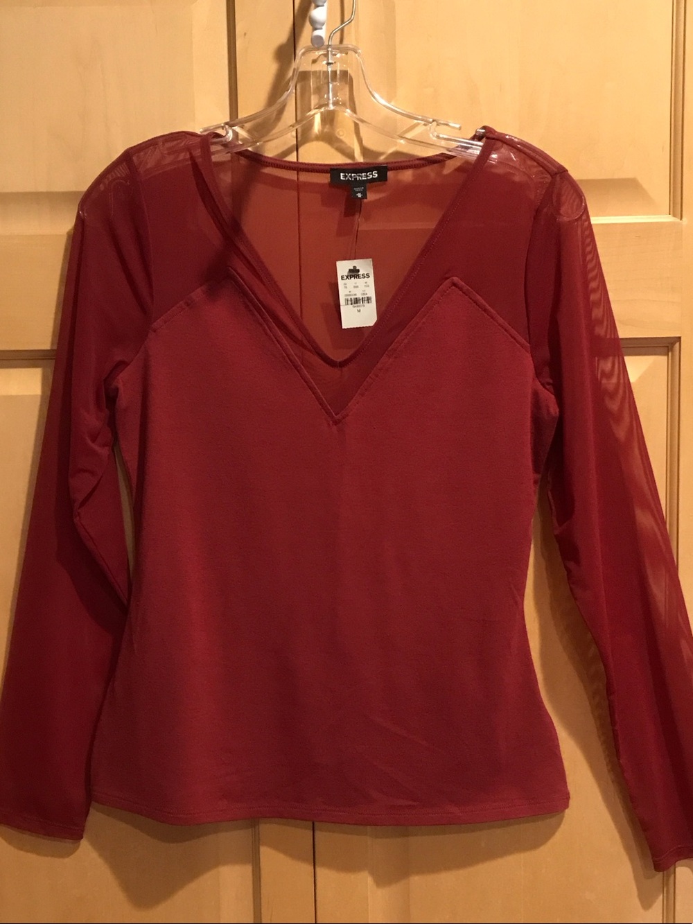 New Express Women's Burgundy V-Neck Long Sleeve Mesh-Inset Top